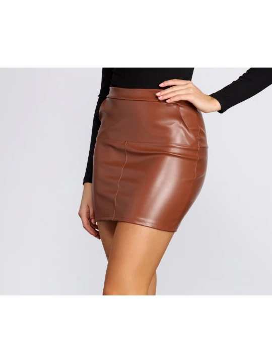 Girls High Rise Waist Hugging Fit Brown Leather Mini Skirt