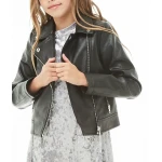 Girls Long Sleeves Black Leather Moto Kids Jacket