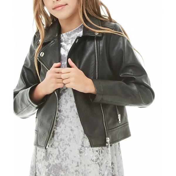 Girls Long Sleeves Black Leather Moto Kids Jacket