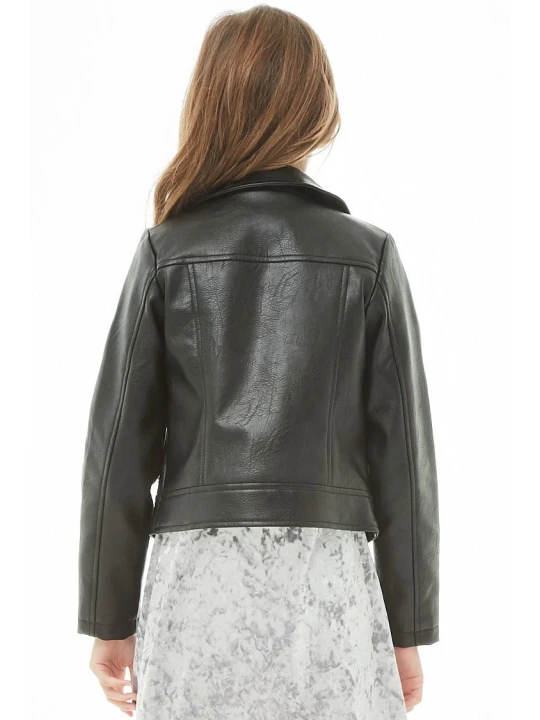 Girls Long Sleeves Black Leather Moto Kids Jacket