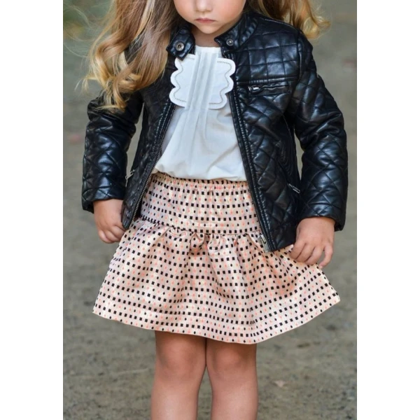 Girls Quilted Pure Black Leather Jacket