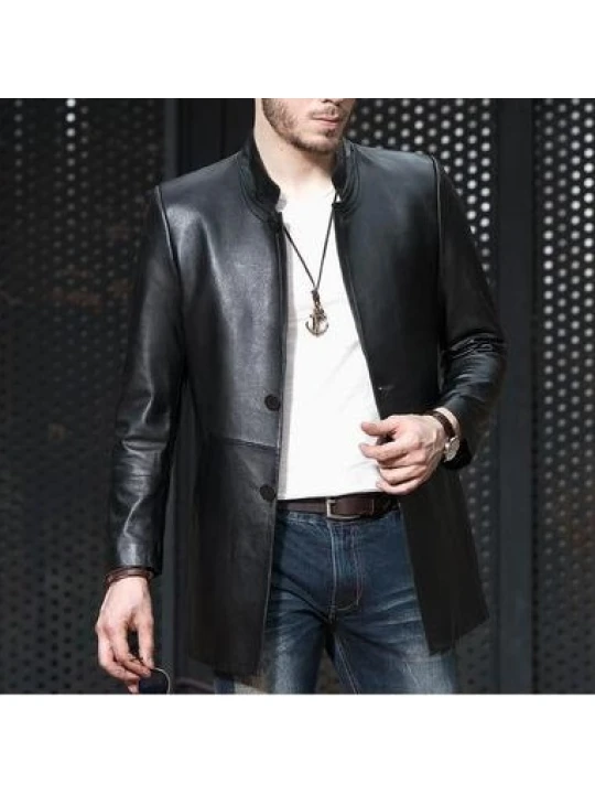 High Quality Collar Long Black Leather Coat for Men