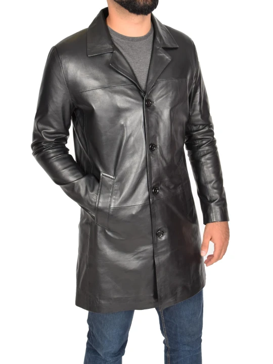 Iconic Style Long Black Leather Mens Coat