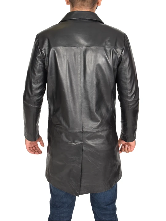 Iconic Style Long Black Leather Mens Coat