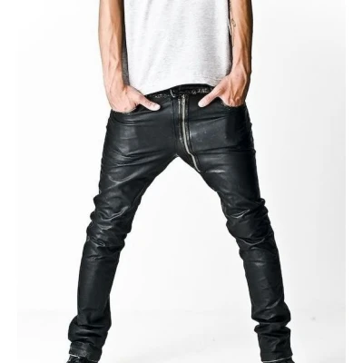 Asymmetrical Front Zip Skinny Black Leather Pants 