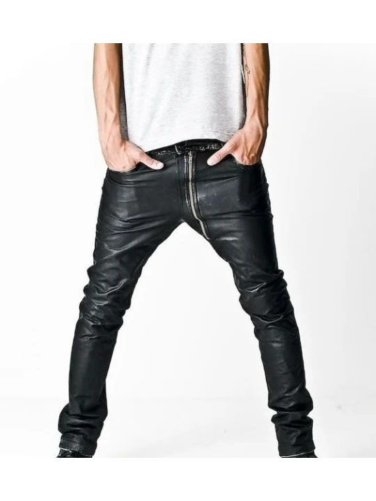 Asymmetrical Front Zip Skinny Black Leather Pants