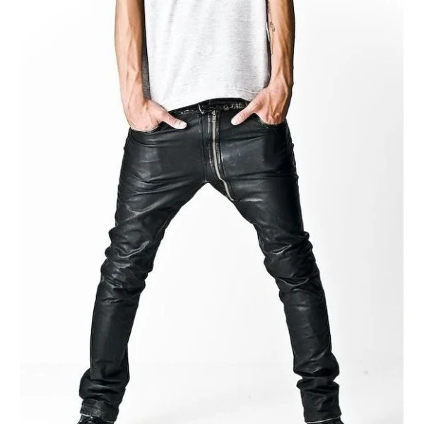 Asymmetrical Front Zip Skinny Black Leather Pants