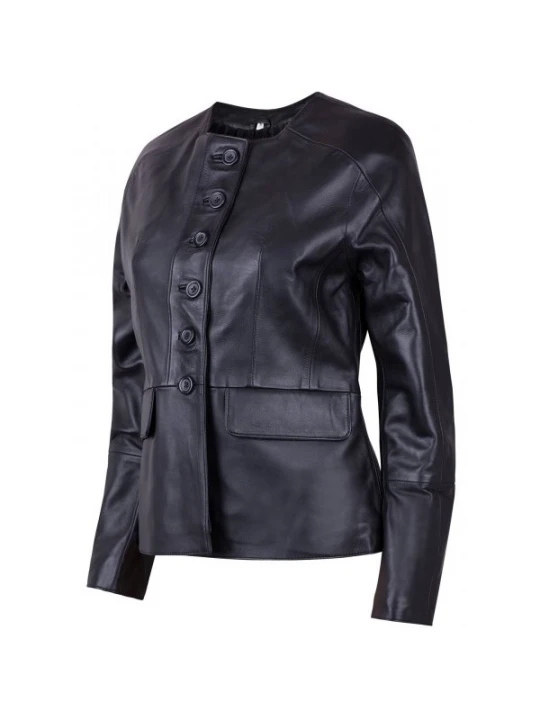 Ladies Front Button Closure Black Real Leather Jacket