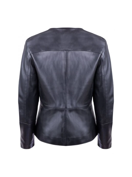 Ladies Front Button Closure Black Real Leather Jacket