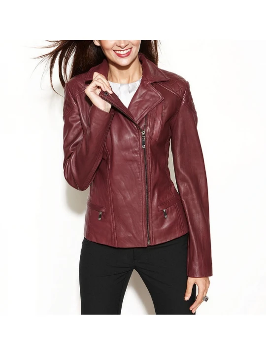 Ladies Casual Asymmetrical Quilted Burgundy Real Leather Jacket