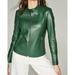 Ladies Casual Pure Dark Green Elegant Leather Jacket