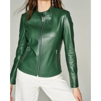 Ladies Casual Pure Dark Green Elegant Leather Jacket
