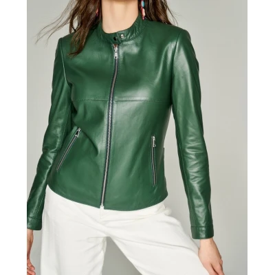 Ladies Casual Pure Dark Green Elegant Leather Jacket