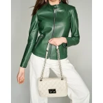 Ladies Casual Pure Dark Green Elegant Leather Jacket