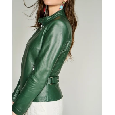 Ladies Casual Pure Dark Green Elegant Leather Jacket