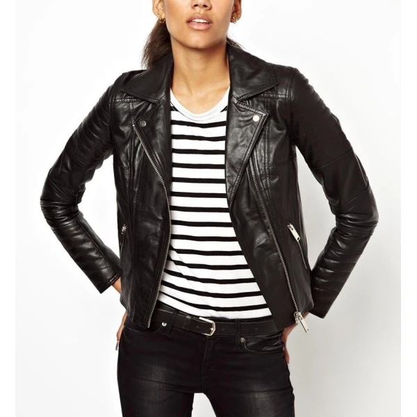 Ladies Casual Slim Fit Genuine Black Leather Jacket