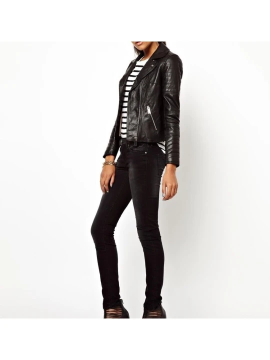 Ladies Casual Slim Fit Genuine Black Leather Jacket