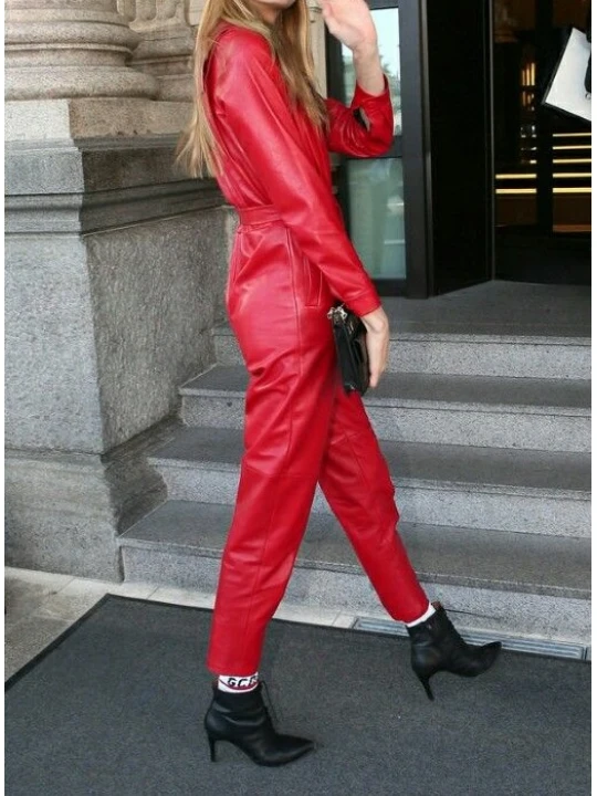 Ladies Red Hot Genuine Leather Catsuit Jumpsuit for Halloween
