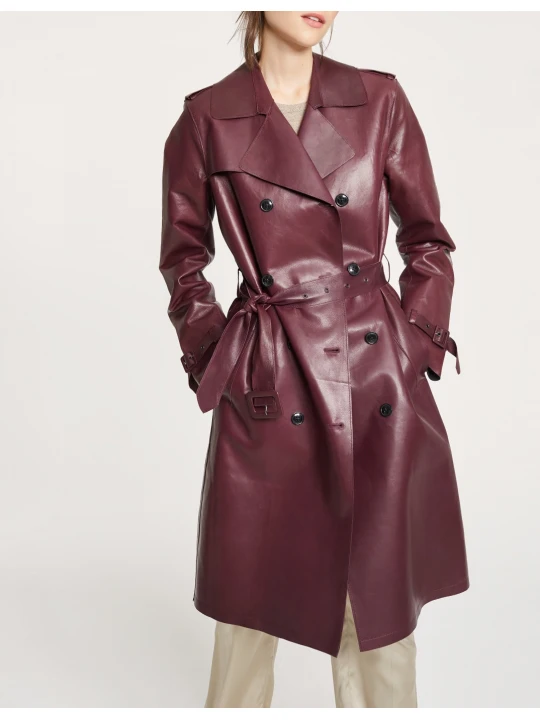 Ladies Regular Fit Burgundy Leather Light Trench Coat