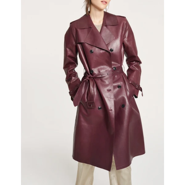 Ladies Regular Fit Burgundy Leather Light Trench Coat