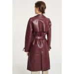 Ladies Regular Fit Burgundy Leather Light Trench Coat