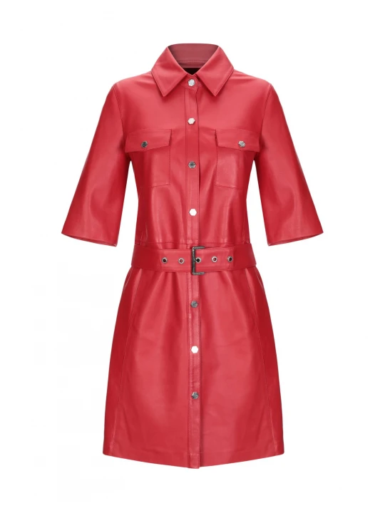 Ladies Single Breasted Belted Waistline Red Leather Coat