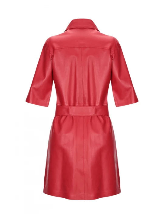 Ladies Single Breasted Belted Waistline Red Leather Coat