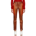 Ladies Slim Fit Panelled Lambskin Orange Leather Trousers Pants