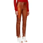 Ladies Slim Fit Panelled Lambskin Orange Leather Trousers Pants