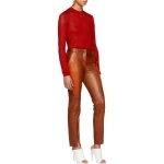 Ladies Slim Fit Panelled Lambskin Orange Leather Trousers Pants