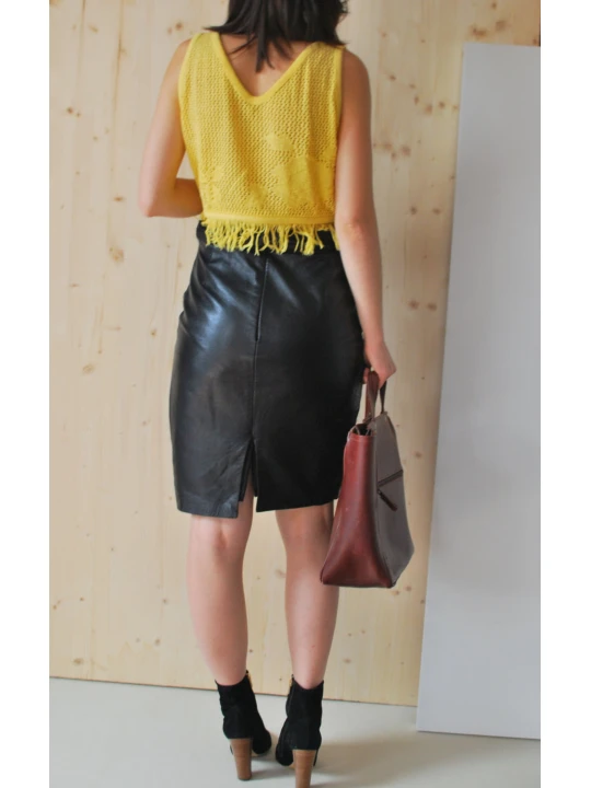 Womens Elegant Fashion Knee Length Black Leather Tube Skirt