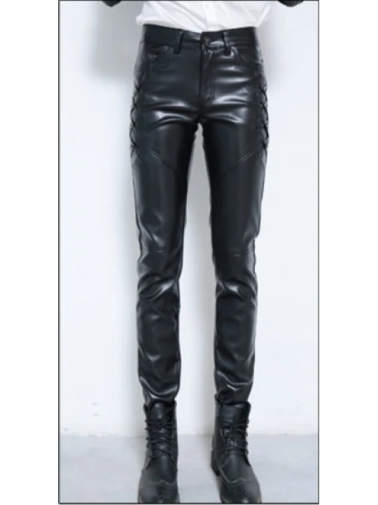 Male Hip Hop Style Genuine Black Leather Pencil Pants