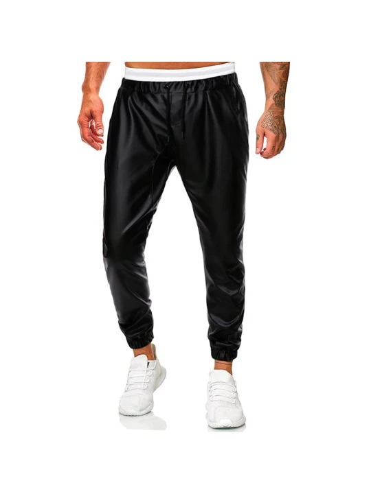 Men Casual Simple Black Leather Hombre Streetwear Joggers Pants