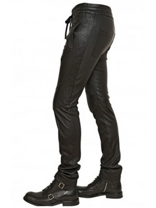 Men Casual Wear Skinny Fit Pure Black Leather Pants