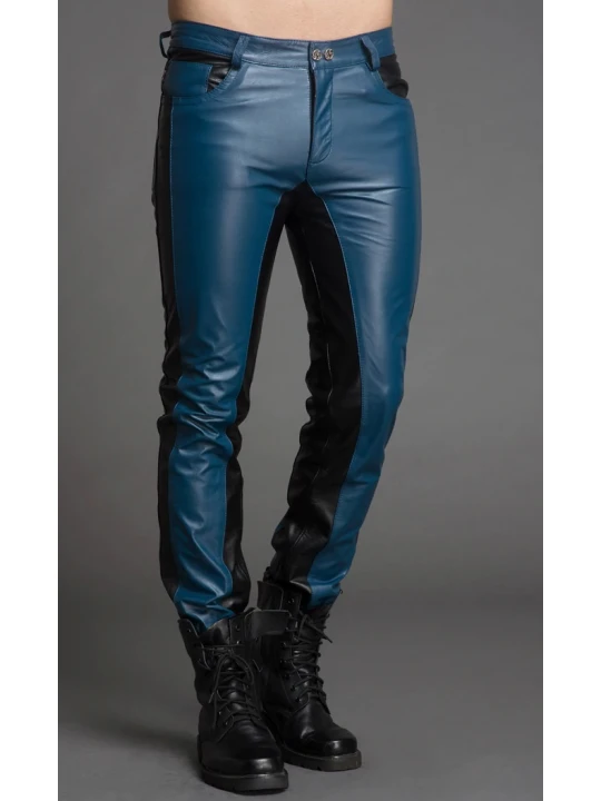 Men Fashion Contrast Color Genuine Black and Blue Leather Pants