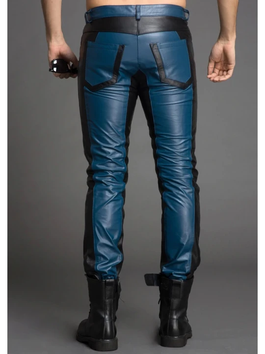 Men Fashion Contrast Color Genuine Black and Blue Leather Pants