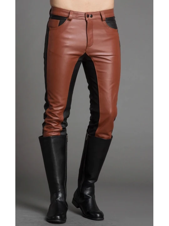 Men Fashion Contrast Color Genuine Black and Brown Leather Pants
