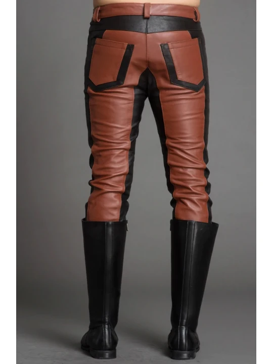 Men Fashion Contrast Color Genuine Black and Brown Leather Pants