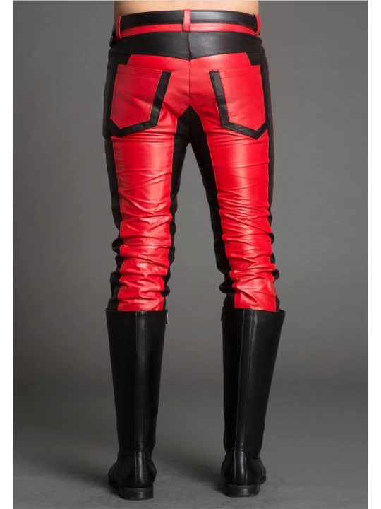 Men Fashion Contrast Color Genuine Black and Red Leather Pants