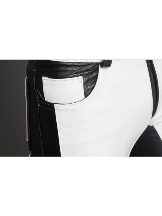 Men Fashion Contrast Color Genuine Black and White Leather Pants