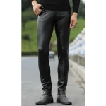 Men Fashionable Young Tight Genuine Black Leather Pants