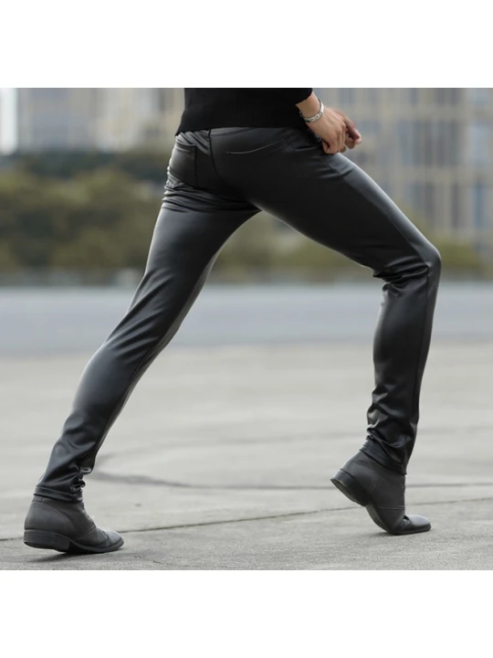 Men Fashionable Young Tight Genuine Black Leather Pants