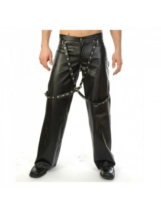 Men Gothic Black Genuine Leather Biker Suspender Buckle Bondage Pant