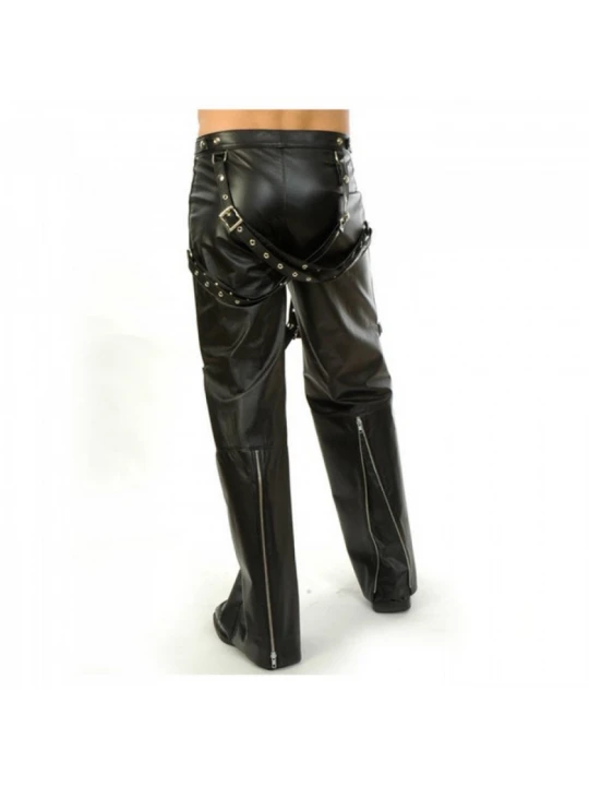 Men Gothic Black Genuine Leather Biker Suspender Buckle Bondage Pant