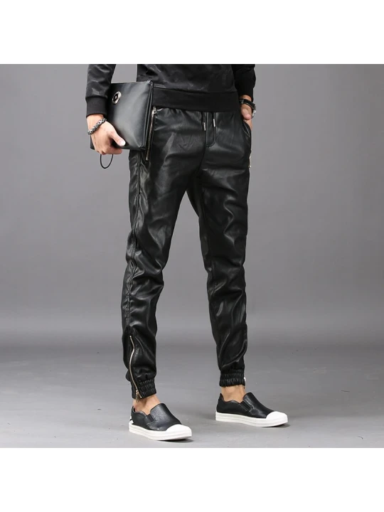 Men High Street Fashion Black Leather Casual Pant