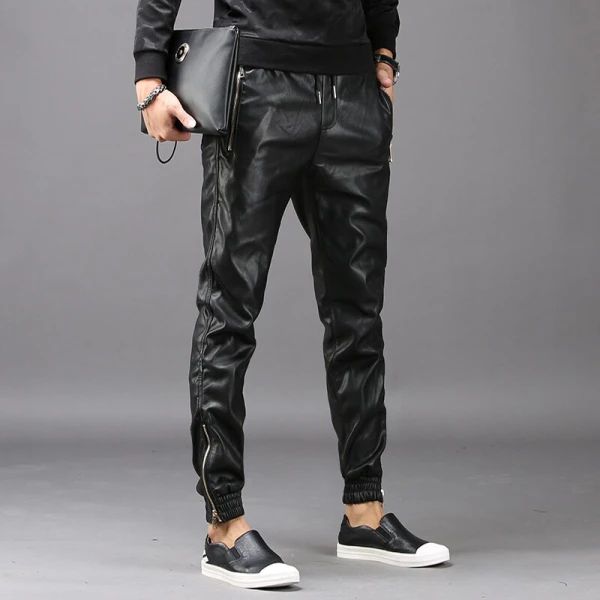 Men High Street Fashion Black Leather Casual Pant