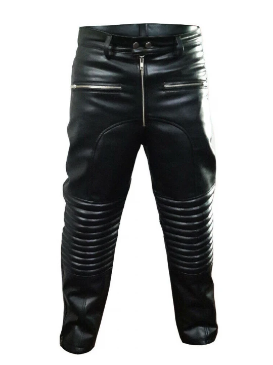 Men Motorcycle Real Black Leather Bikers Jeans Trousers Pants