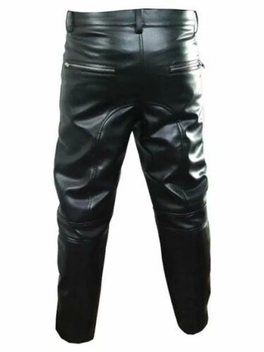 Men Motorcycle Real Black Leather Bikers Jeans Trousers Pants