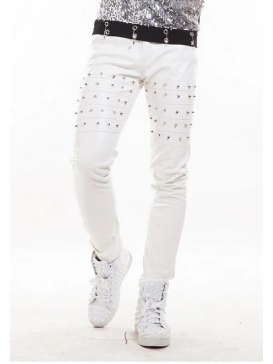 Men Singer Nightclubs Pure White Leather Trousers Pants