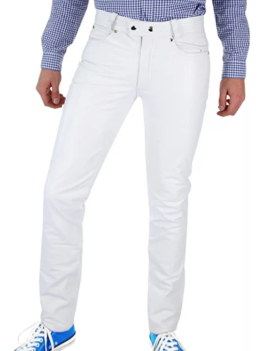 Men Tight Tube White Leather Trouser Jeans Pants